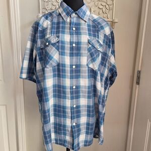 Wrangler Blue Plaid Men's Short Sleeve Shirt With Pearl Snap Buttons Siz…